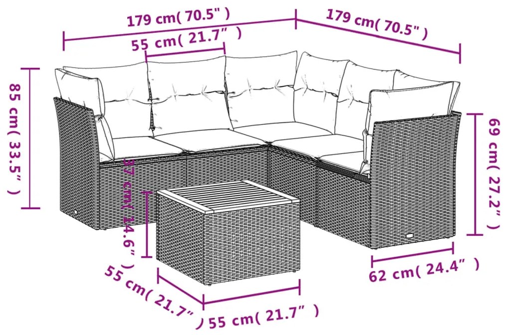 Set Divano da Giardino 6 pz con Cuscini Grigio in Polyrattan