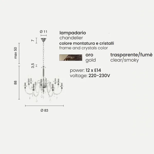 Lampada a sospensione DIDO D83 cm in vetro trasparente lavorato a mano 12 LUCI FUME'