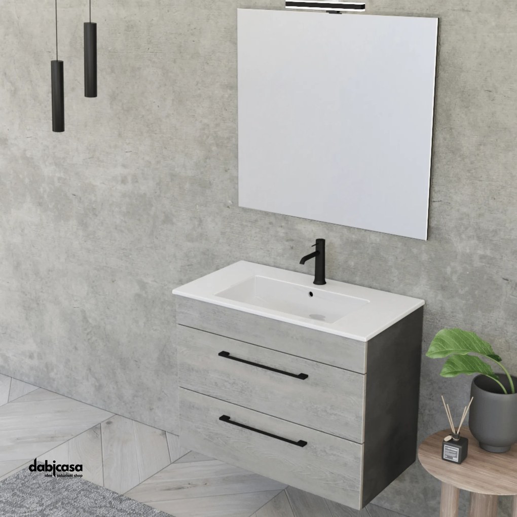 Mobile Bagno Sospeso "Unit Four" Da 81 Cm Composto Da Due Cassetti Finitura Cemento Wood/Cemento Grigio Lava