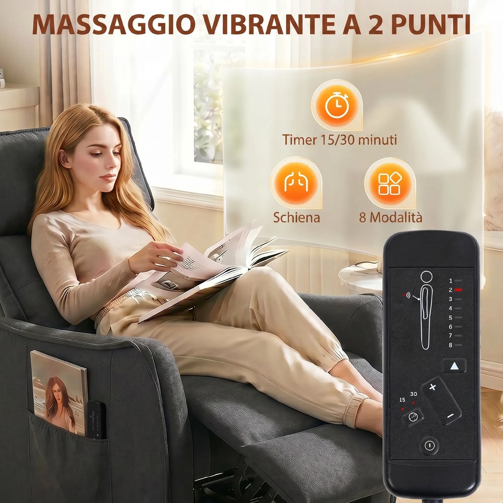 Poltrona Massaggiante 69x93x104 cm Reclinabile a 160° con Poggiapiedi e Telecomando Effetto Lino Grigio Scuro...