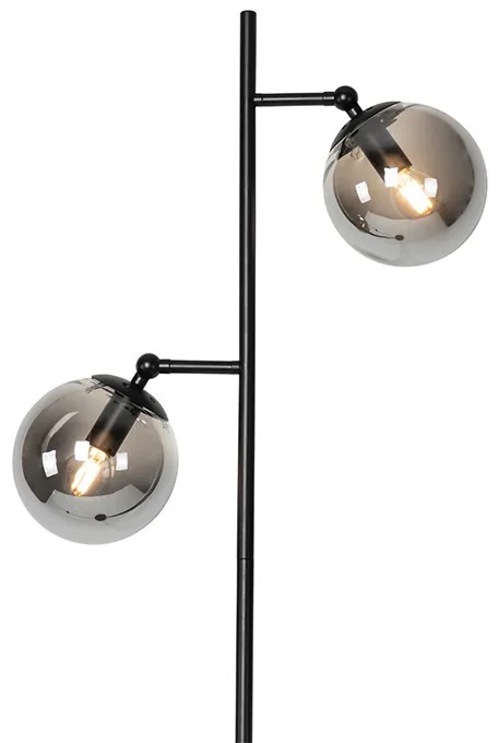 Lampada da terra Art Déco nera con vetro fumé 2 luci - Pallon