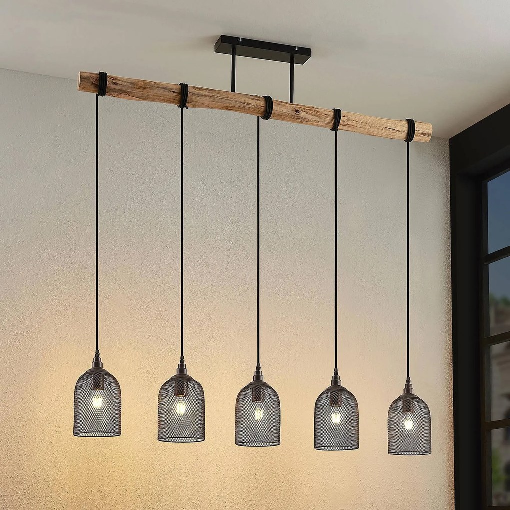 Lampada a sospensione Dolcin Lindby, dimmerabile, Legno chiaro, Soggiorno / Sala da pranzo, Legno, Vintage, Lampada a sospensione