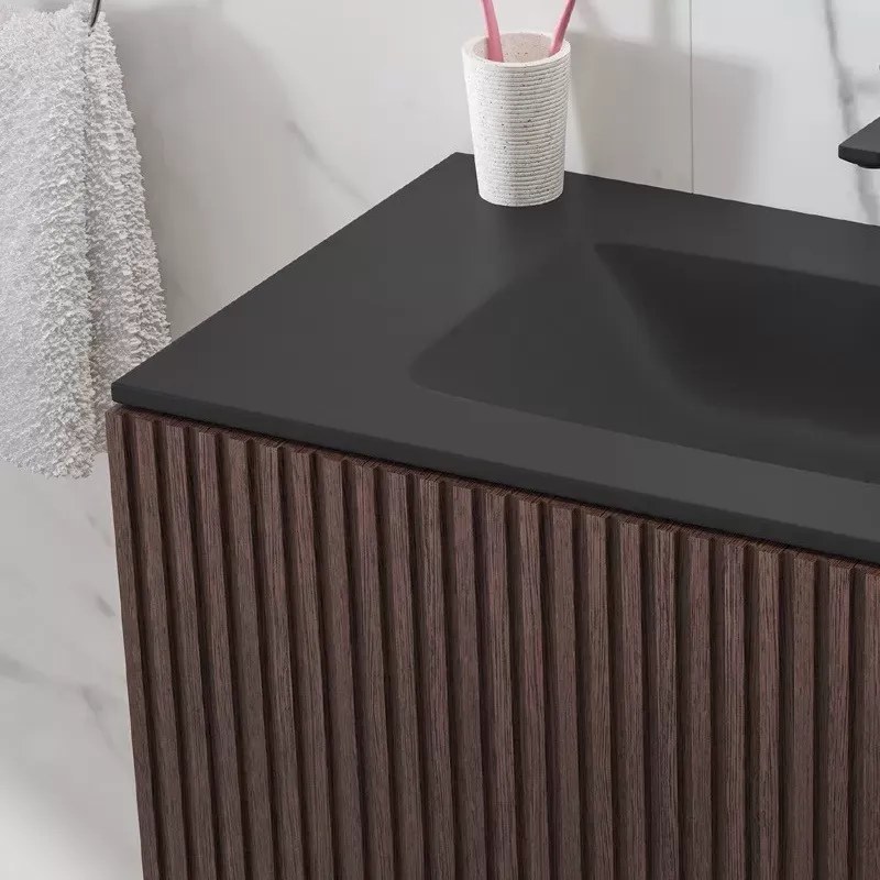 Mobile bagno sospeso 80cm effetto cannettato con lavabo nero KDS-80L - KAMALU