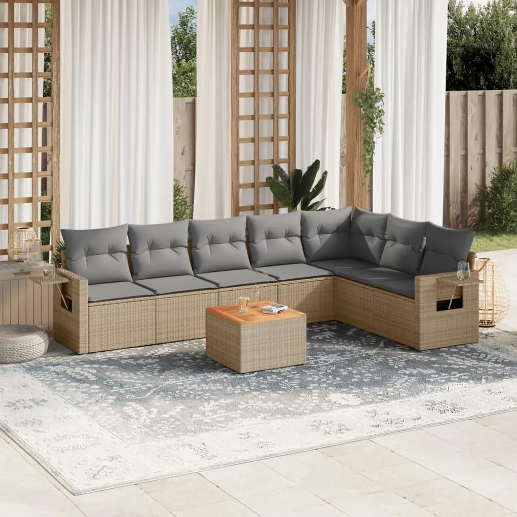 Set divano da giardino 8 pz con cuscini beige in polyrattan