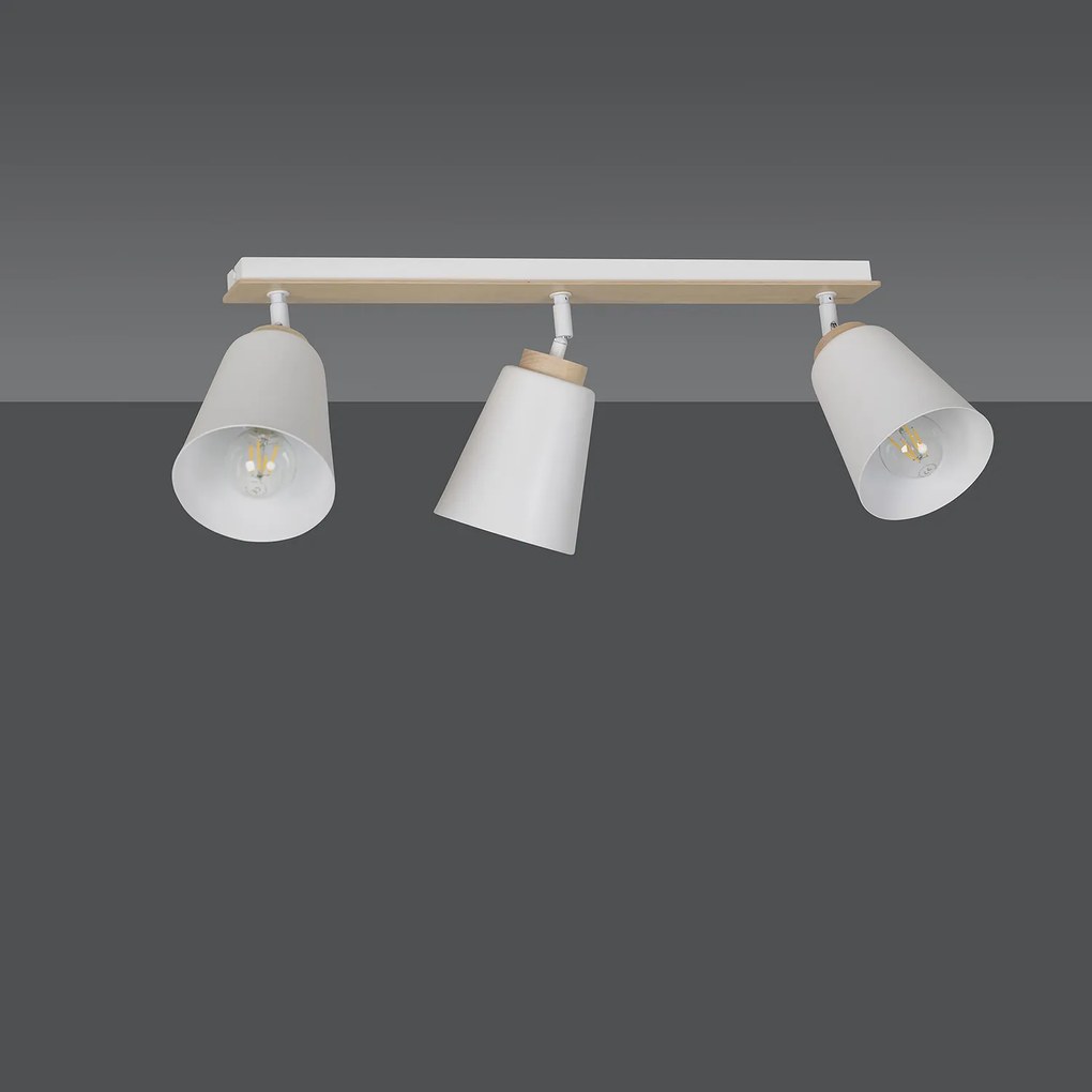 Plafoniera Spot Faretti Orientabili 3 Luci Xiwangmu Acciaio Bianco E Legno Naturale