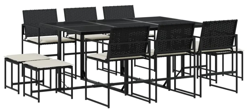 Set da pranzo da giardino 11 pz con cuscini in polyrattan nero