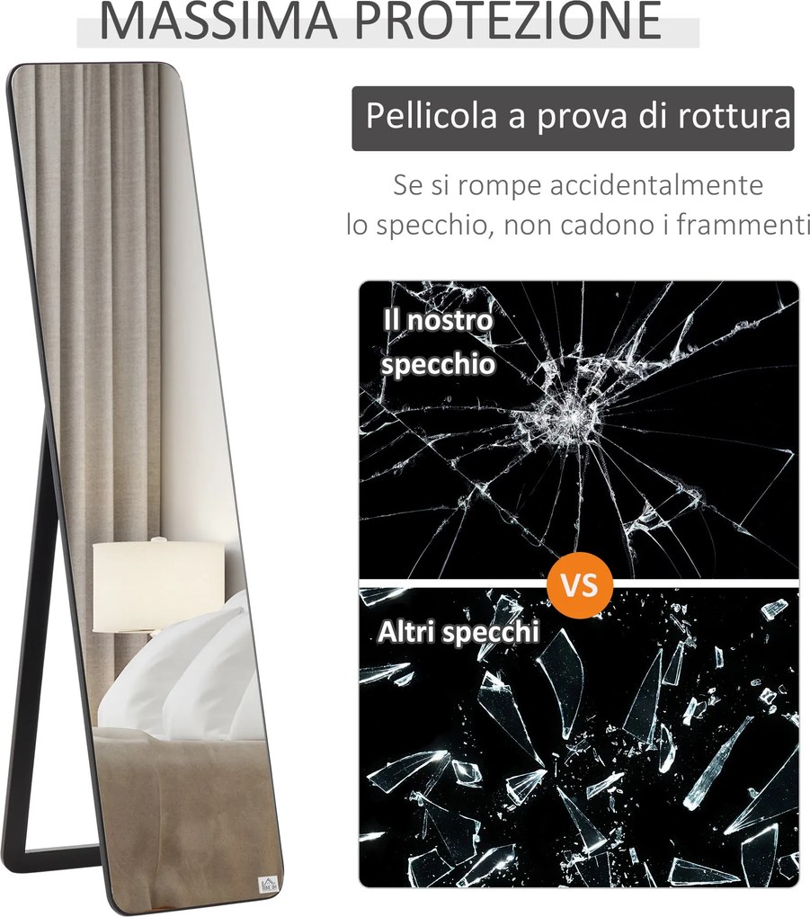 Specchio da Terra e da Parete 37x43x156 cm con Struttura in Legno e Supporto Pieghevole Nero...