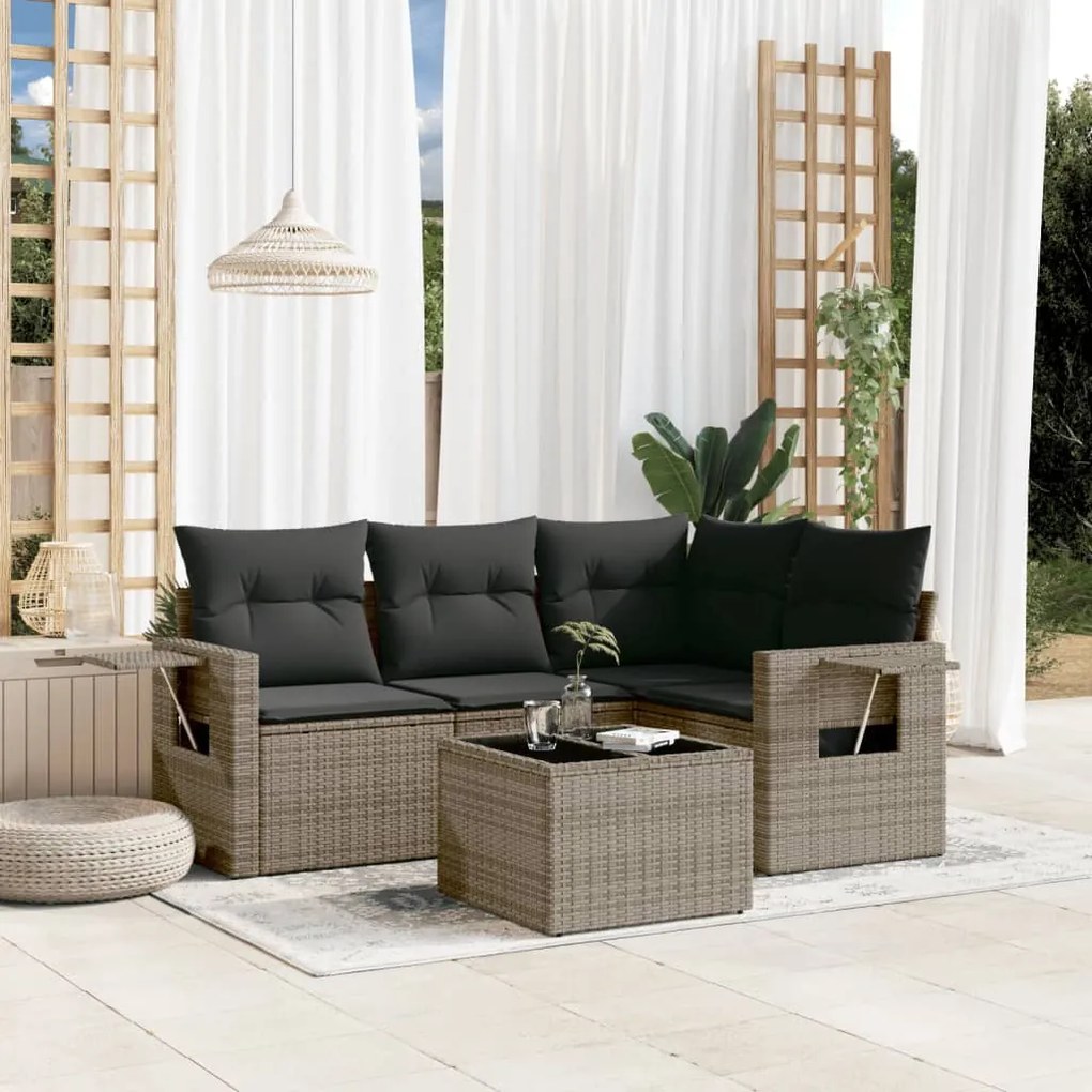 Set Divano da Giardino 5 pz con Cuscini Grigio in Polyrattan