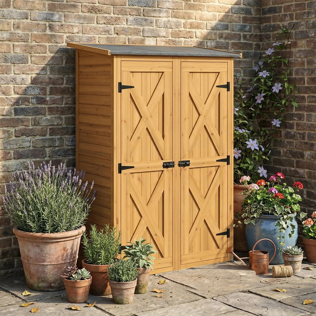 Capanno Armadio Porta Attrezzi da Giardino 115x53x156 cm con Ripiani Interni in Legno di Abete Marrone...