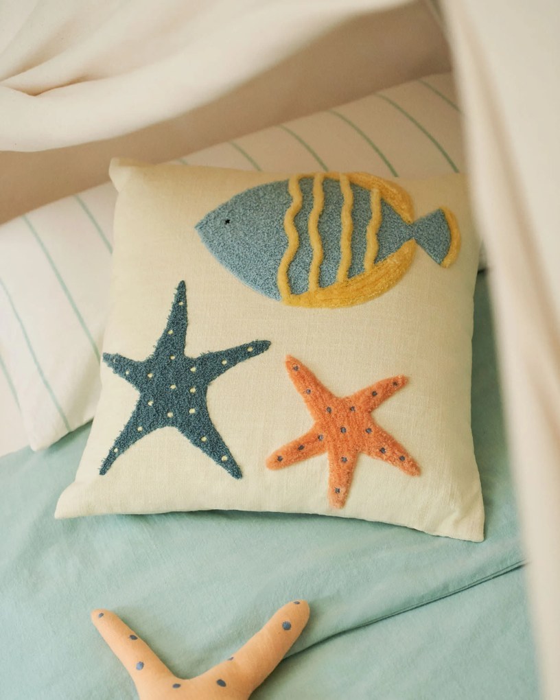 Kave Home - Fodera per cuscino Cordelia beige con animali marini 100% cotone multicolor 45 x 45 cm