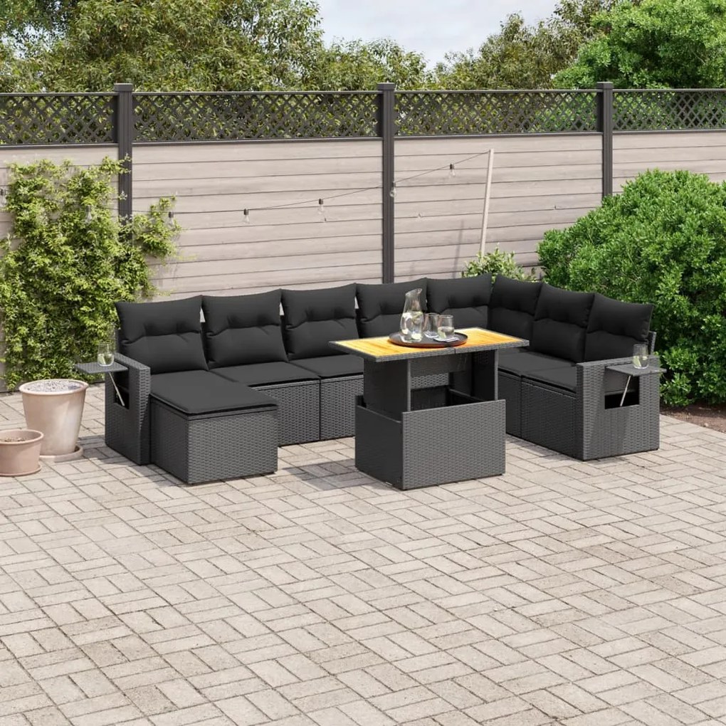 Set divani da giardino 9 pz con cuscini nero in polyrattan