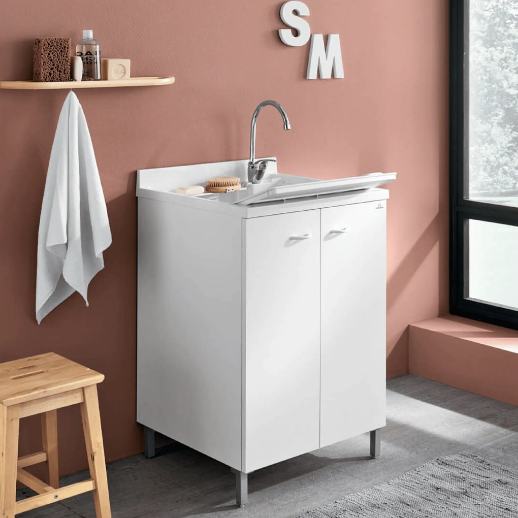 Lavatoio a Terra 60x50 Cm Due Ante Con Vasca Gruppo Geromin "Prima" Bianco Opaco
