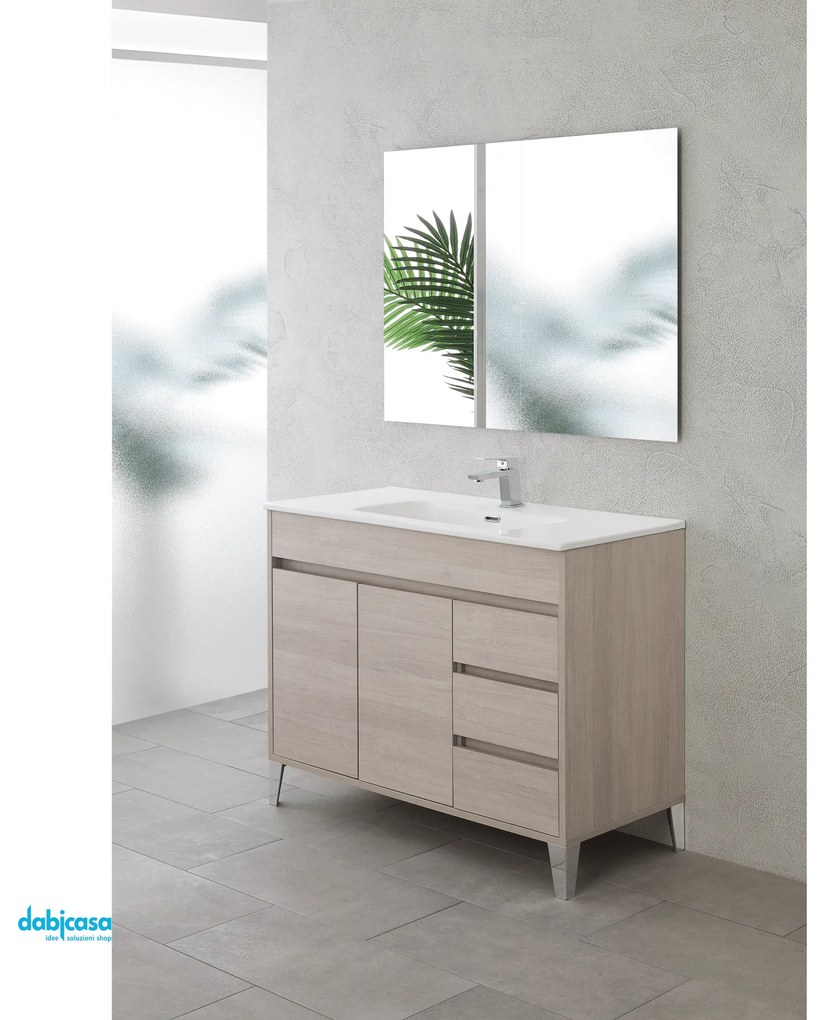 Mobile Bagno A Terra "Mondo 2.0" Da 102 Cm Composto Da Due Ante e Tre Cassettini Lavabo E Specchio Finitura Rovere Chiaro