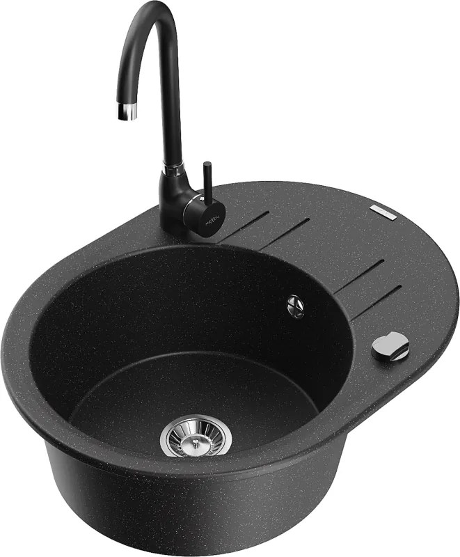 Mexen Kevin lavello in granito 1 vasca con gocciolatoio e miscelatore cucina Telma, nero/argento metallizzato