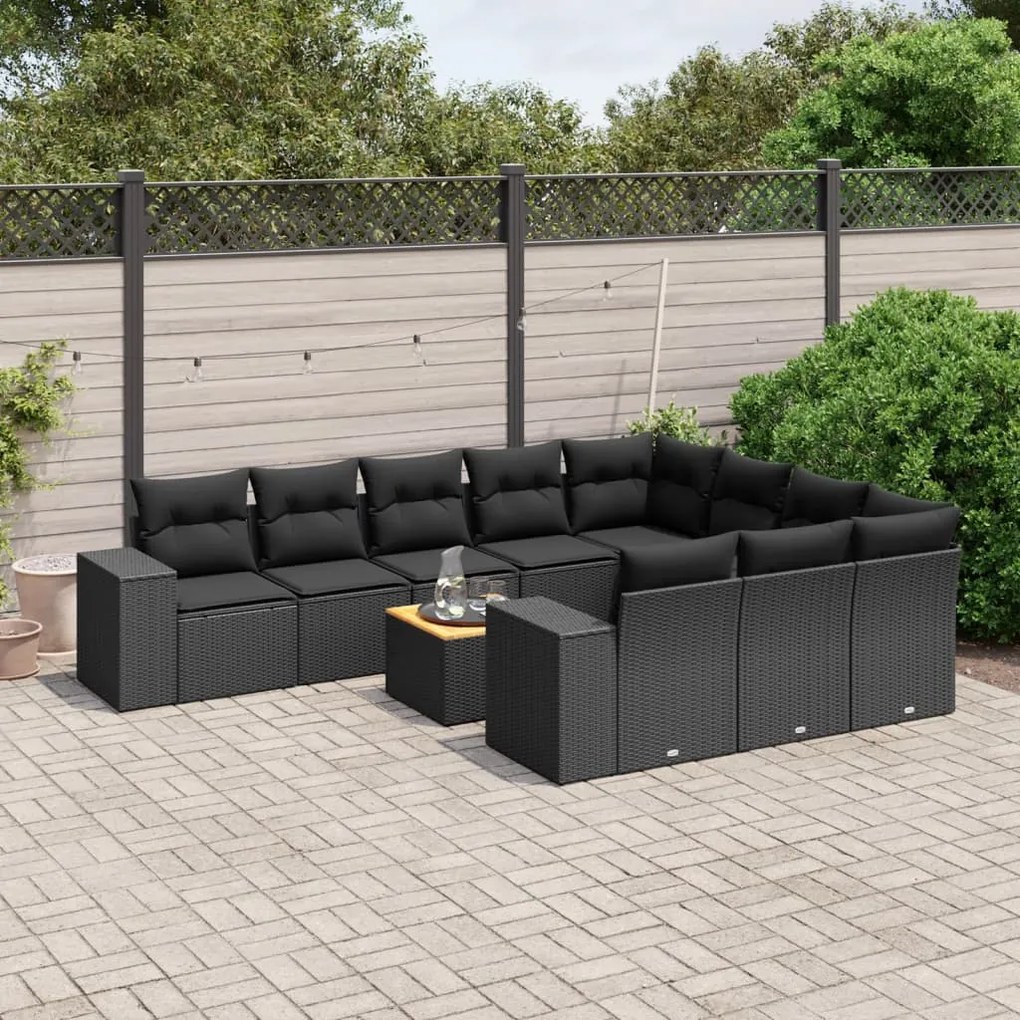 Set divani da giardino 11 pz con cuscini in polyrattan nero