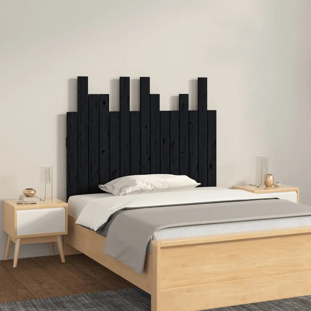 Testiera Da Parete Nera 95,5x3x80 Cm İn Legno Massello Di Pino /