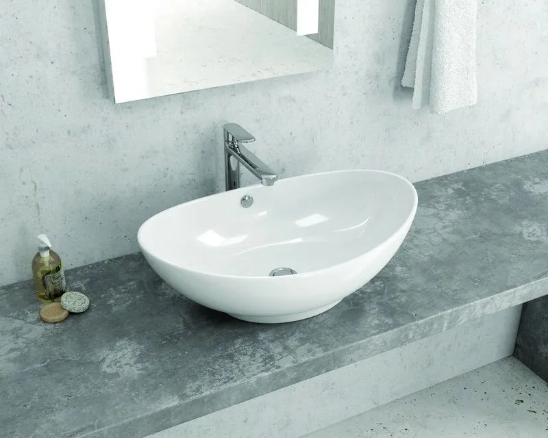 Lavabo da appoggio design a bacinella in ceramica bianca 59cm | Litos-359B - KAMALU