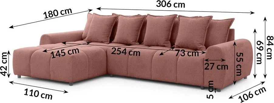 Divano angolare color terracotta (con penisola a sinistra/con chaise lounge) Albane – Ropez