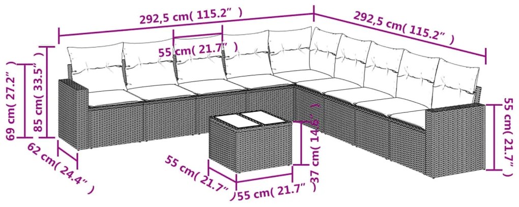 Set divani da giardino 10pz con cuscini in polyrattan nero