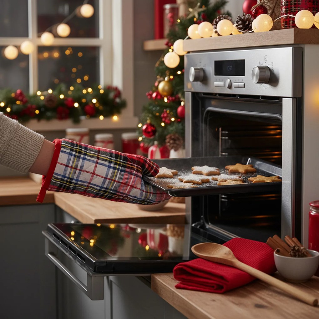 Set guanto, cucchiaio e strofinaccio tartan bianco