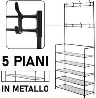 Scarpiera con Attaccapanni in Metallo 5 Piani Appendiabiti 8 Ganci Camera, Ufficio, Ingresso Nero