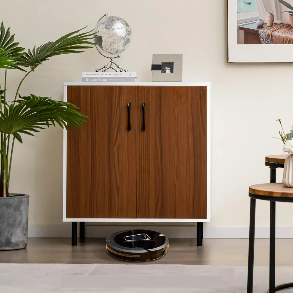 Costway Credenza cucina in legno con 2 ante ripiano regolabile a 5 posizioni,  Mobile buffet portaoggetti Noce