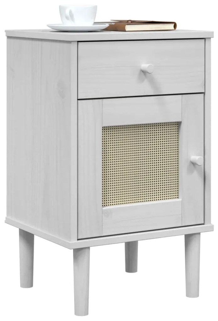 Comodino senja aspetto rattan bianco 40x35x65 cm in legno pino