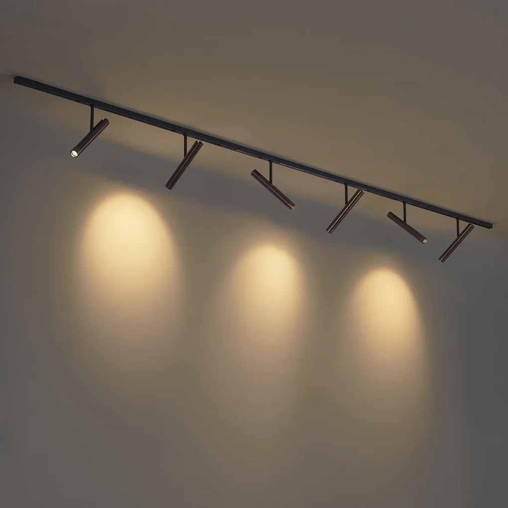 Sistema di illuminazione a binario moderno nero con 6 faretti bronzo scuro monofase - Slimline Avery