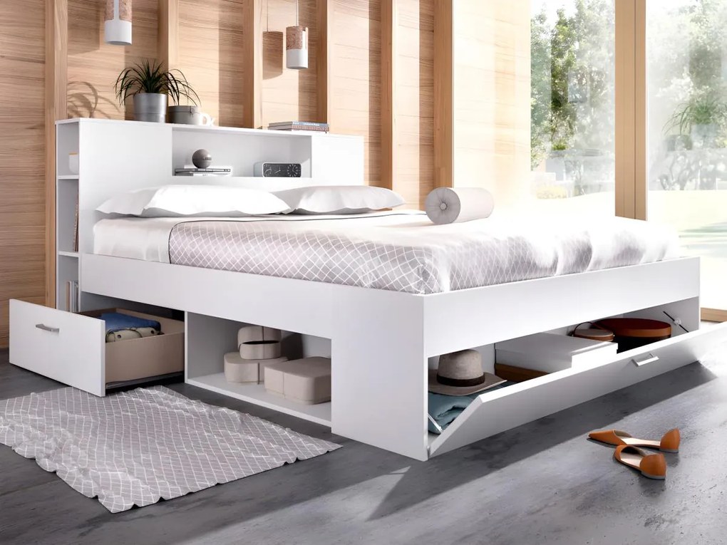 Letto matrimoniale con testiera portaoggetti e cassetti 160 x 200 cm Bianco - LEANDRE