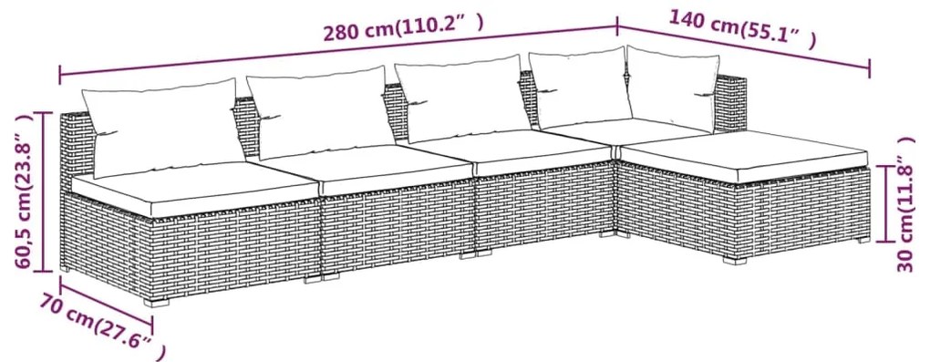 Set Divani da Giardino 5 pz con Cuscini in Polyrattan Grigio