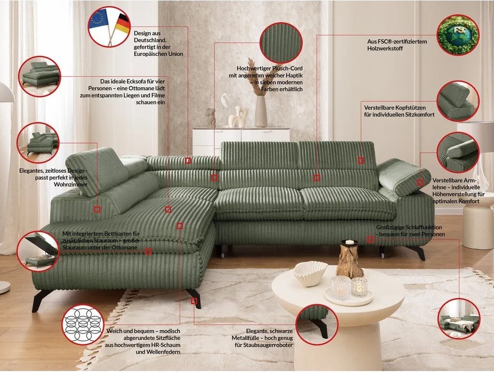 Divano angolare verde (con penisola a sinistra/a L) con rivestimento in velluto a coste Marbeya – Ropez