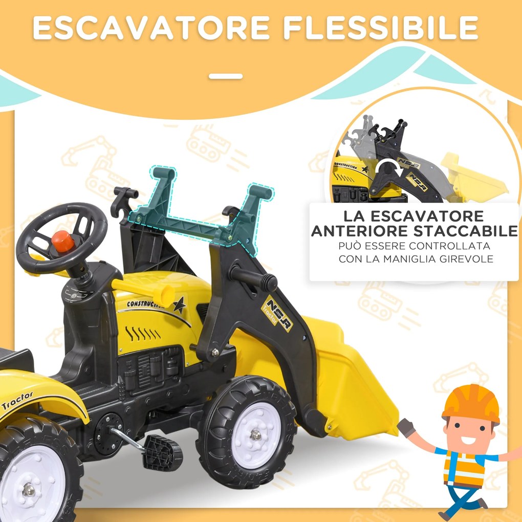 Escavatore A Pedali per Bambini con Ruspa e Rimorchio Giallo...