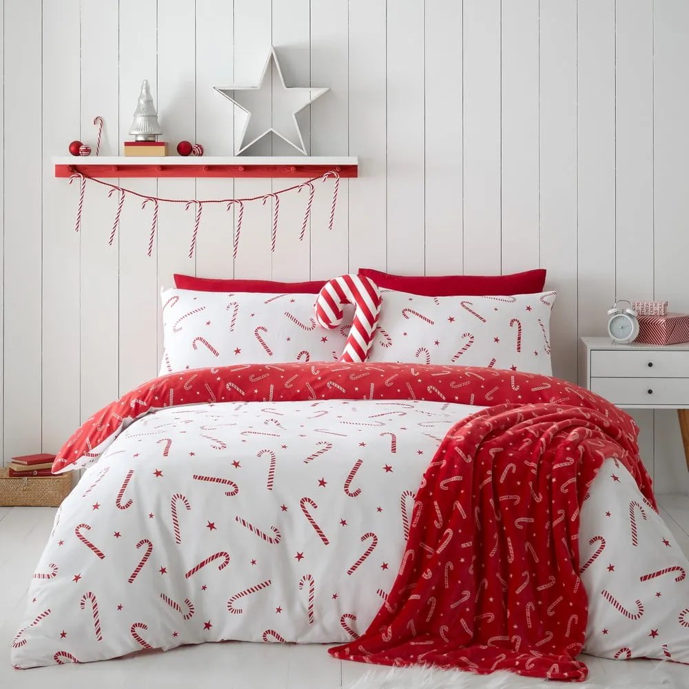 Biancheria da letto singola bianca e rossa 135x200 cm Candy Cane - Catherine Lansfield