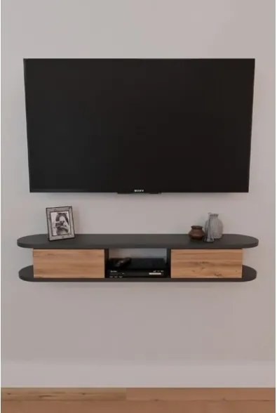 Mobile TV Sospeso 120x20x18 cm 2 Ante E Vano A Giorno Omega Antracite E Rovere