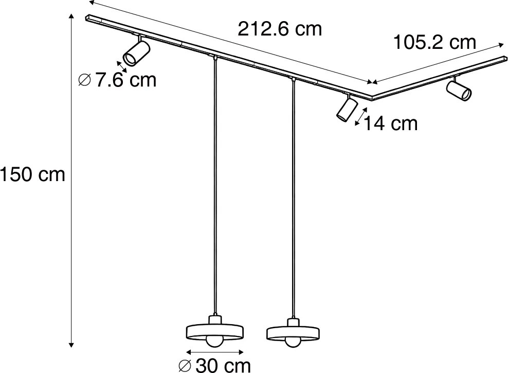 Sistema a binario moderno nero con 2 lampade a sospensione bianche e 3 faretti monofase - Iconic Jeana Luxe Jina
