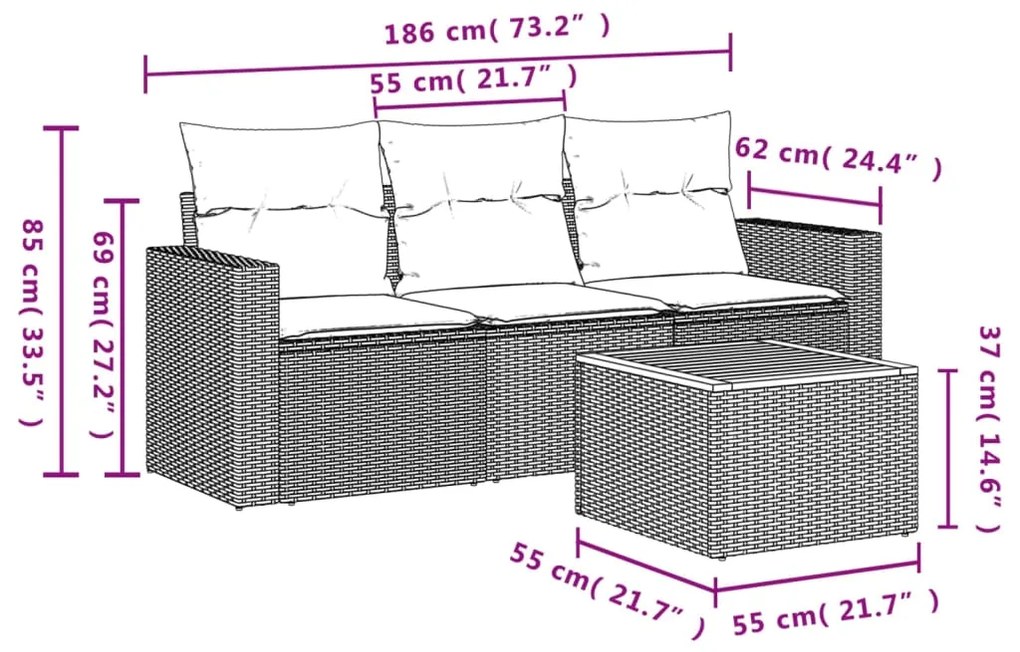 Set divano da giardino 4 pz con cuscini beige in polyrattan