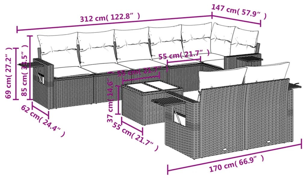 Set Divani da Giardino 9 pz con Cuscini Nero in Polyrattan