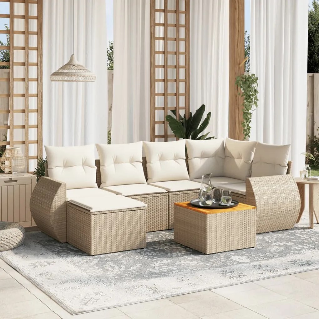 Set Divani da Giardino 7 pz con Cuscini Beige in Polyrattan