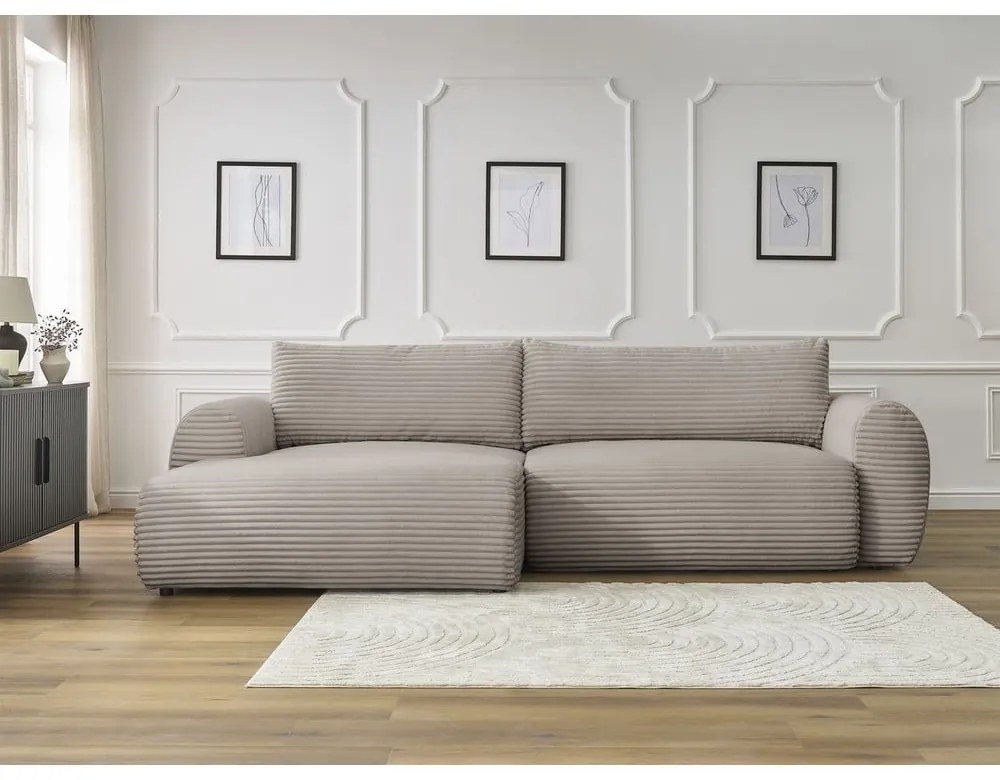 Divano angolare in grigio chiaro/beige allungabile (con penisola a sinistra) con rivestimento in velluto a coste Lucien – Bobochic Paris