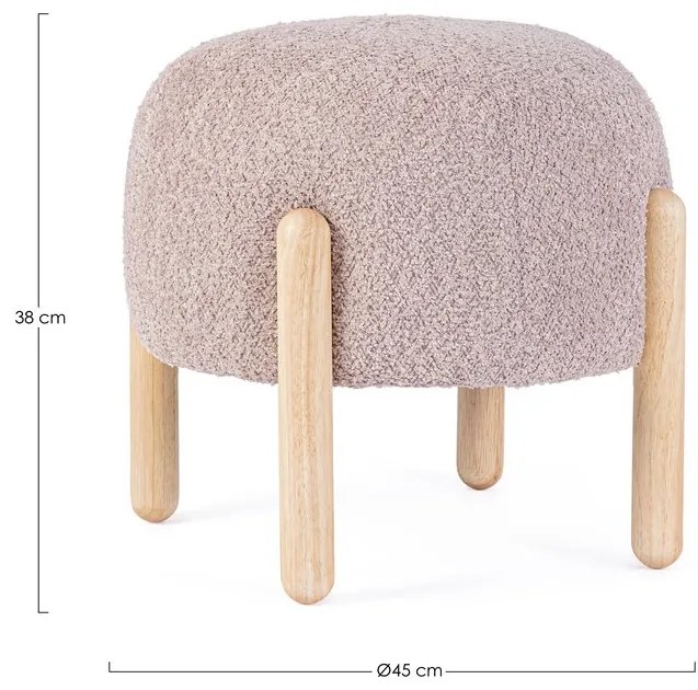 Pouf DAYLA in tessuto rosa antico effetto bouclé e gambe in legno rubberwood