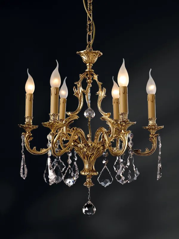 Lampadario 6 luci fusione di ottone e cristallo  - 12.455/C6 - Gold Light and Crystal - Arredo Luce Argento anticato