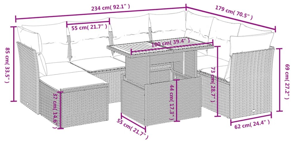 Set divani da giardino con cuscini 8 pz nero in polyrattan