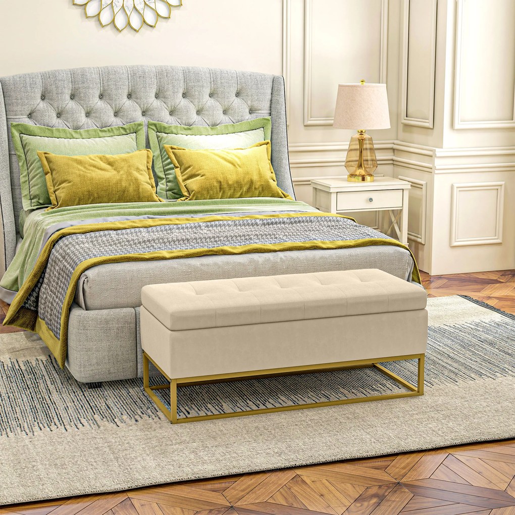 Panca Contenitore Rettangolare 110x44x49 cm con Seduta Imbottita e Gambe in Acciaio Beige...