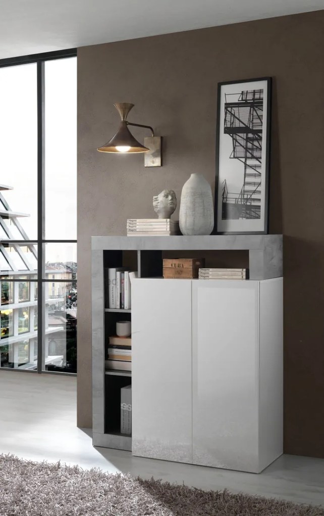 Credenza 2 ante linea Frame in Bianco Lucido e Cemento