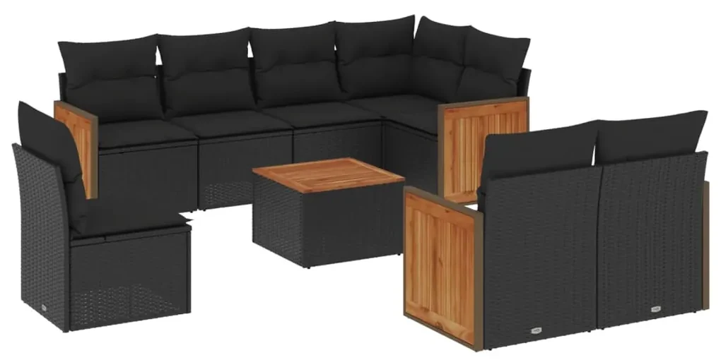 Set divani da giardino 9 pz con cuscini nero in polyrattan