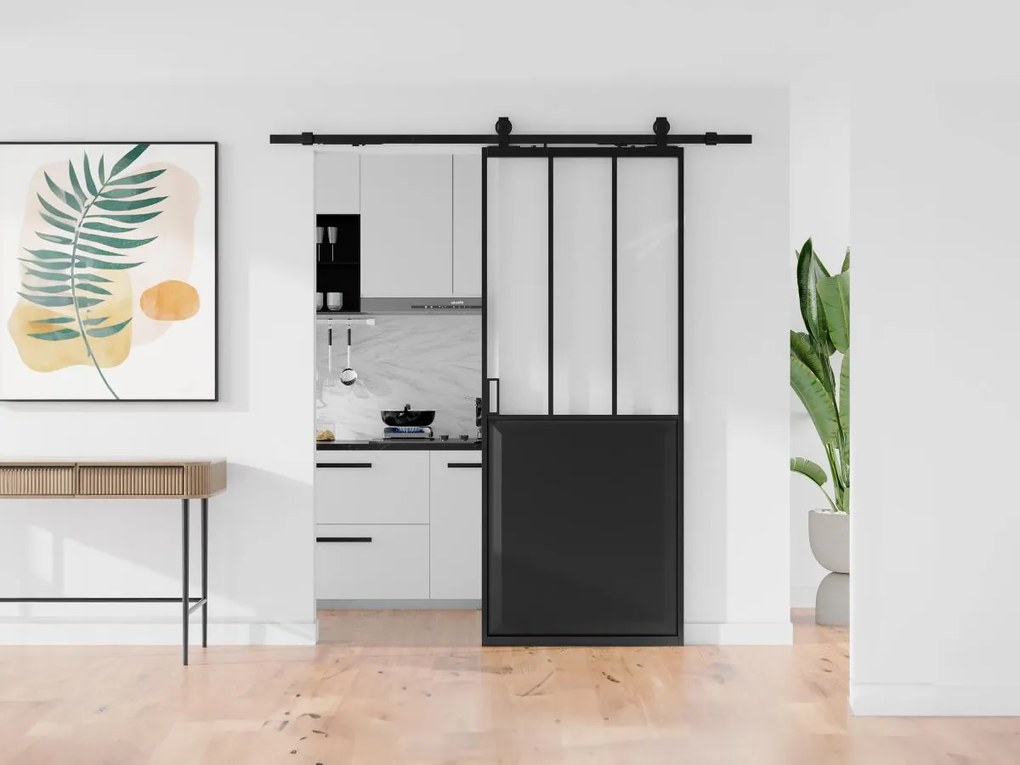 Porta scorrevole atelier con binario Nero H205 cm x L73 cm Vetro temperato smerigliato - ARTISTO II