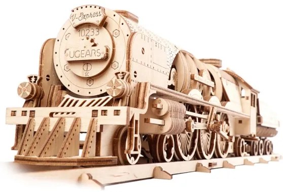 Ugears - 3D puzzle meccanico in legno V-Express locomotiva a vapore con carrello