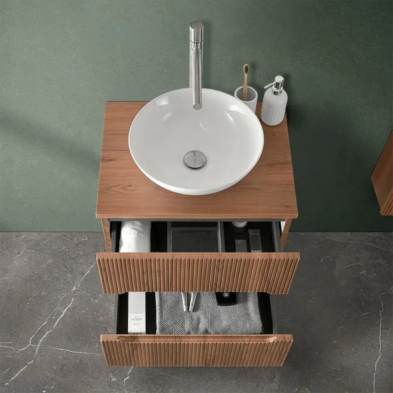 Mobile bagno sospeso cannettato 60 cm noce con top e specchio Bali