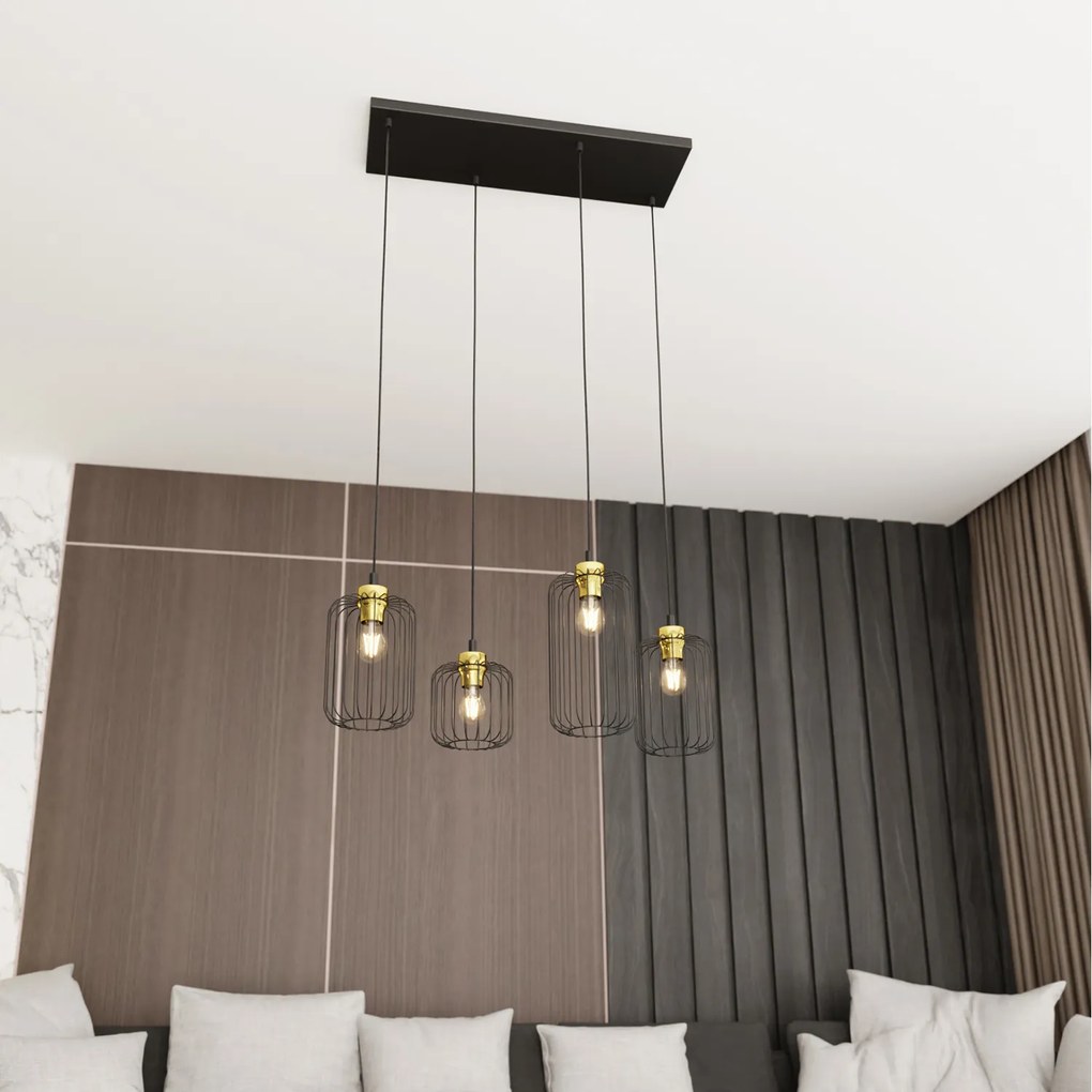 Sospensione Minimal Industrial Minerva 4 Luci Lineari Nera E Oro