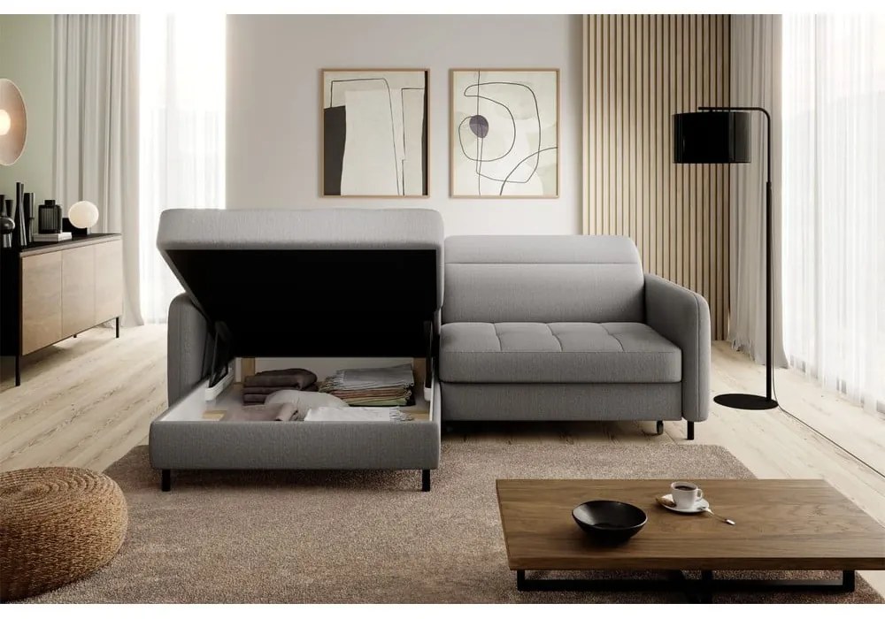 Divano angolare grigio allungabile/con contenitore (con penisola a sinistra/con chaise lounge) e rivestimento in velluto Gomsi – ELTAP